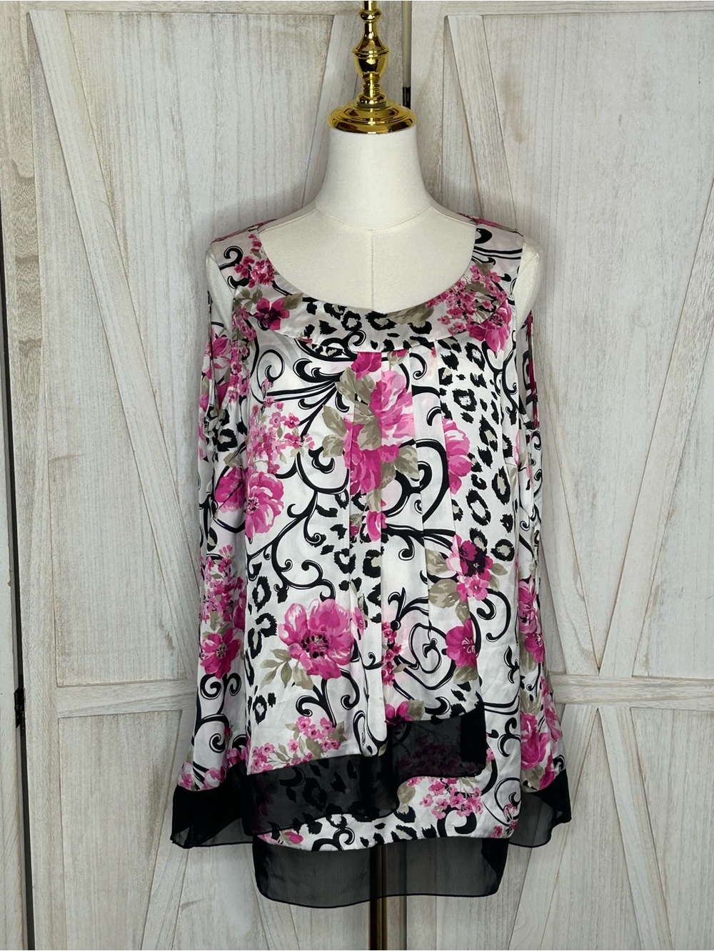 Dress Barn Y2K White Pink Floral Boho Blouse Black Sheer Trim Sz 14/16 Flowy EUC
